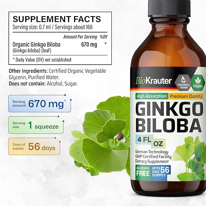 BIO KRAUTER Ginkgo Biloba Extract - Liquid Ginkgo Biloba Supplements for Brain - Vegan, Alcohol & Sugar Free - 4 Fl Oz