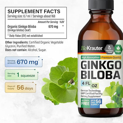 BIO KRAUTER Ginkgo Biloba Extract - Liquid Ginkgo Biloba Supplements for Brain - Vegan, Alcohol & Sugar Free - 4 Fl Oz