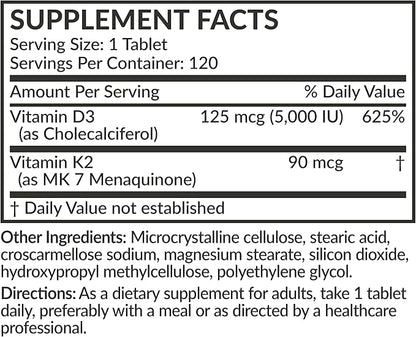 Futurebiotics Vitamin K2 with D3, 2 in 1 Support, 5000 IU Vitamin D3 & 90 mcg Vitamin K2 MK-7 Non-GMO, 120 Tablets