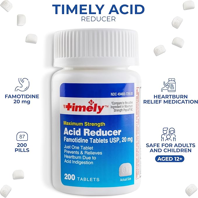 Timely Acid Reducer Famotidine 20mg - Compare to the active ingredient in Maximum Strength Pepcid AC - Anatcid Acid Reflux Medicine for Heartburn Relief and Acid Indigestion Symptoms - 200 Tablets