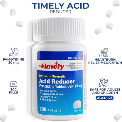 Timely Acid Reducer Famotidine 20mg - Compare to the active ingredient in Maximum Strength Pepcid AC - Anatcid Acid Reflux Medicine for Heartburn Relief and Acid Indigestion Symptoms - 200 Tablets