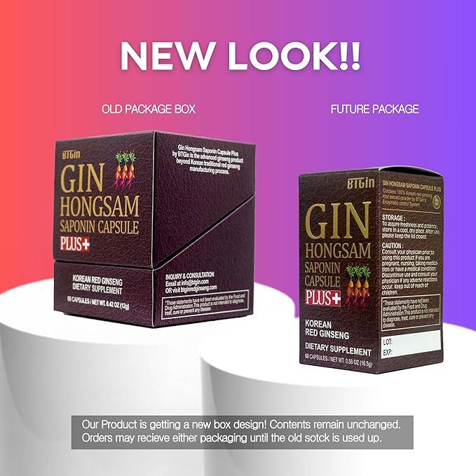 Korean Red Ginseng [Gin HONGSAM] 60 Capsules - Premium Anti Aging Supplements - Boost Energy | Immune | Memory for Women and Men 100% Red Ginseng