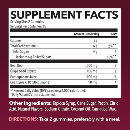 Beet Root Gummies with COQ10 & Pomegranate - Nitric Oxide Supplement for Men and Women - Beetroot for Endurance, Performance, Recovery - Vegan, Non-GMO, Gluten Free - Mixed Berry Flavor, 30 Count