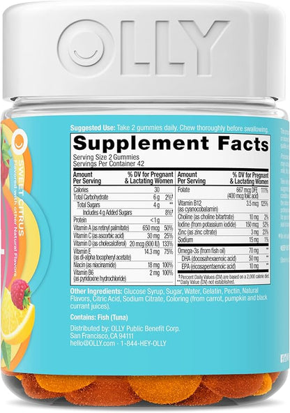 OLLY Essential Prenatal Gummy Multivitamin, Folic Acid, Vitamin D, Omega 3 DHA, Supports Healthy Growth and Brain Development, Citrus Berry - 84 Count