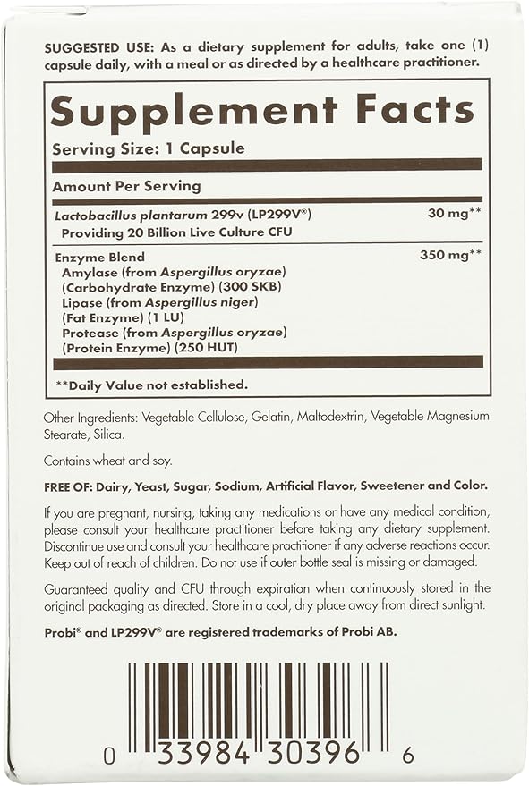 Solgar Probi Plus Enzyme Complex, 30 Capsules - 20 Billion CFU Probiotic Plus Enzymes - Once Daily - Clinically-Studied to Alleviate Occasional Gas & Bloating - Non-GMO & Dairy Free, 30 Servings