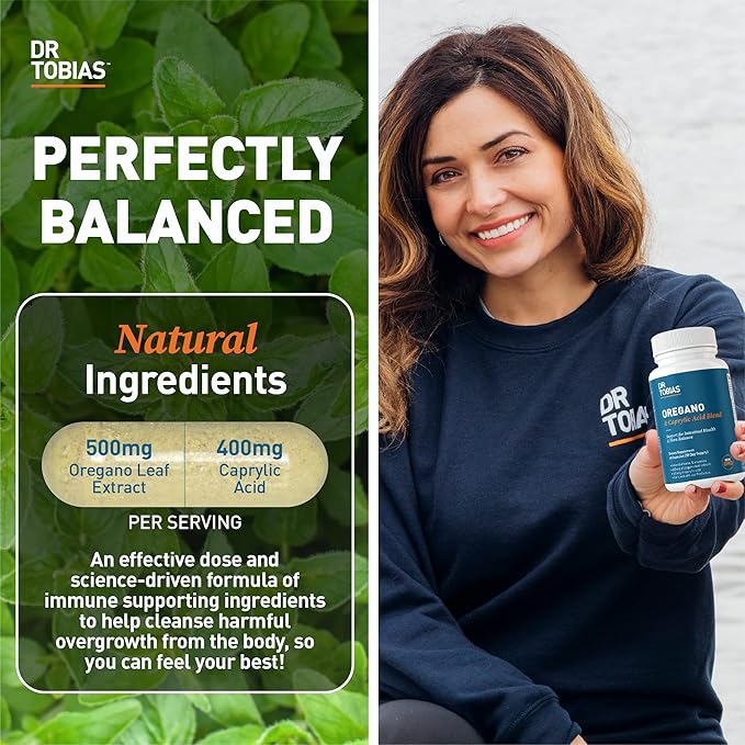 Dr. Tobias Oregano and Caprylic Acid Blend, Gut Flora Balance Complex with Probiotics & Enzymes for Intestinal and Immune Support, Gut Health Supplements for Women & Men, 60 Capsules, 30 Servings