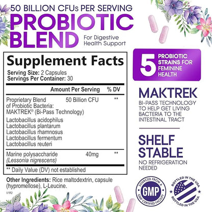 Probiotics for Women 50 Billion CFU - Digestive Health, Vaginal pH & Immune Support, Prebiotics & Cranberry, Gut Health & Urinary Support, 5 Strains, Shelf Stable Women's Probiotic - 60 Capsules