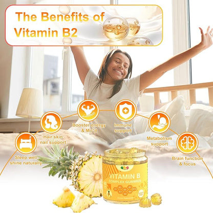 Vitamin B Complex Gummies for Adult Kid-Pineapple Flavor-Chewable Supplement with 8 Essential B Vitamins (B1, B2, B3, B5, B6, B7, B9, B12) Supports Energy, Metabolism & Mood,Non GMO,Vegan 60 Count