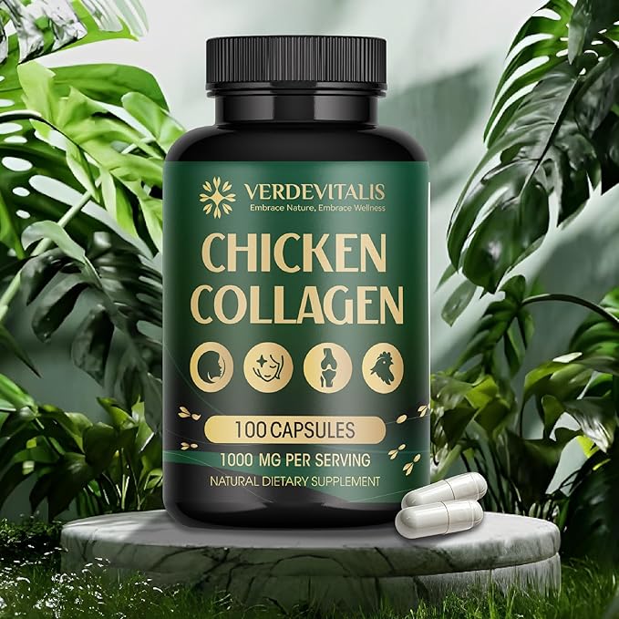 Chicken Collagen Capsules - Type II Collagen Nutritional Supplement for Joint, Skin & Bone Support-Non-GMO, Anti-Aging Supplements with Hydrolyzed Collagen Peptides - 100 Capsules