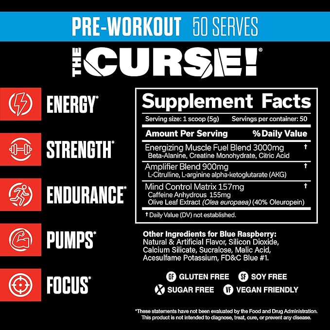 JNX SPORTS The Curse! Pre Workout Powder for Men & Women, Caffeine, Beta-Alanine, Creatine, L-Citrulline, 50 Servings, Blue Raspberry Flavor – Boost Energy, Strength & Focus