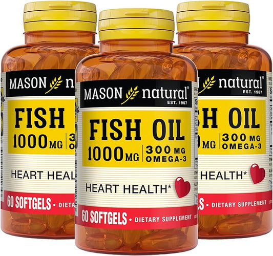 MASON NATURAL Omega-3 Fish Oil, 180-Day Supply, 1000mg with EPA and DHA for Joint Support, 60 Softgel Pills (Pack of 3)
