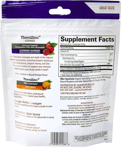 Quantum Health TheraZinc Organic Zinc Lozenges Elderberry Sambucus Raspberry & Honey Immune Support for Adults & Kids 12+ Naturally Flavored Fast Relief with No Aftertaste -18 Count (Package may vary)