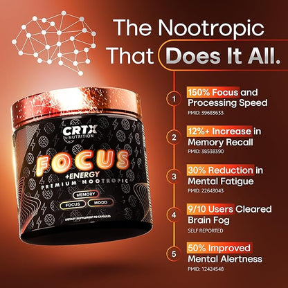 Nootropic Strongest Focus Supplement - Clinically Backed Ingredients Made in USA - Scientifically Backed Doses - Supplement for Brain Fog - AlphaGPC, Lions Mane, Rhodiola and More 10:1 90 Capsules