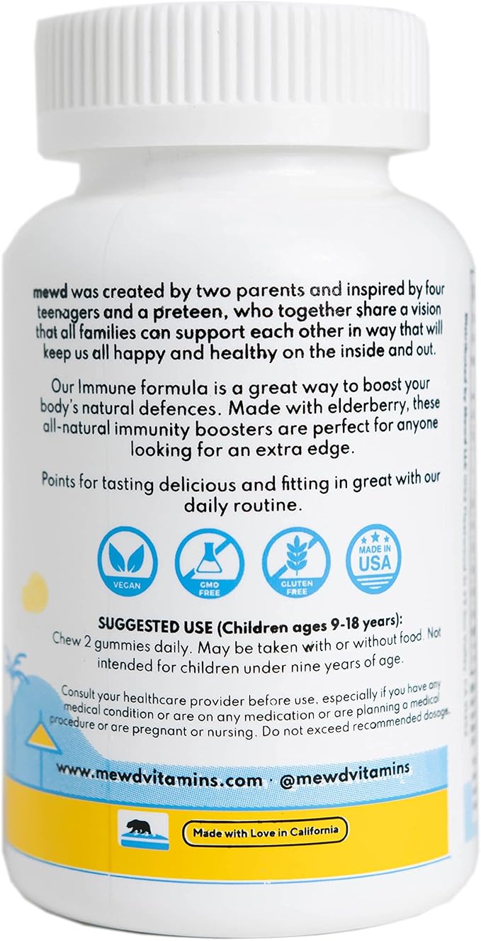 MEWD Teen and Kids Elderberry Immunity Multivitamin Gummies -Zinc, Vitamins A,C,D3,B12 for Immune Support,Brain Health, Focus, Made in USA, Girls and Boys.