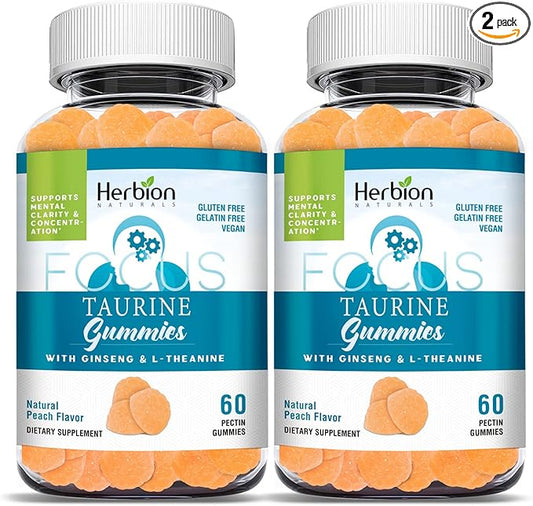 HERBION Naturals Taurine Gummies with Ginseng, L-Theanine, Vitamin C, B3, B6, & B12, Support Mental Clarity & Concentration*, Natural Peach Flavor, Gluten-Free, USA Made,120 Count (Pack of 2)