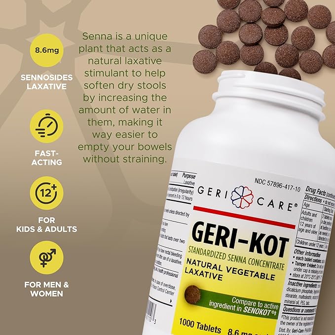 GeriCare Geri-KOT Senna, Natural Vegetable Laxative, Sennosides 8.6mg Tablets, 1000 Count (Pack of 1)