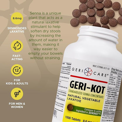 GeriCare Geri-KOT Senna, Natural Vegetable Laxative, Sennosides 8.6mg Tablets, 1000 Count (Pack of 1)