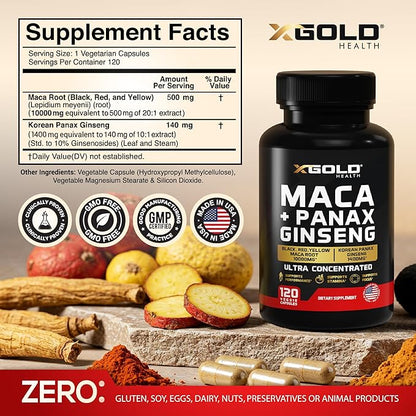Maca Root Capsules 10,000mg + Korean Panax Ginseng 1,400mg - 20x Concentrated Extract Black + Red + Yellow Maca Root, 10x Concentrated Extract Panax Ginseng Capsules - Ultra Potent & Highly Purified