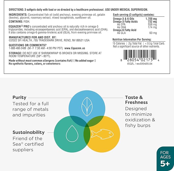 Equazen Pro SFI Health Fish Oil Softgels - Omega 3 & Omega 6 for Kids & Teens - EPA, GLA & DHA for Kids Mood, Memory & Focus Support - Optimized for Bioavailability & Absorption (60 Softgels)