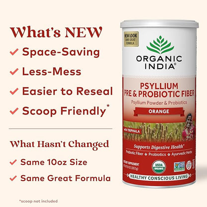 ORGANIC INDIA Psyllium Husk Powder - Pre & Probiotic Fiber Supplement, Organic Psyllium Husk Fiber Supplement with Whole Psyllium Husk, Dietary Fiber, USDA Organic, Vegan, Gluten Free - Orange, 10 Oz