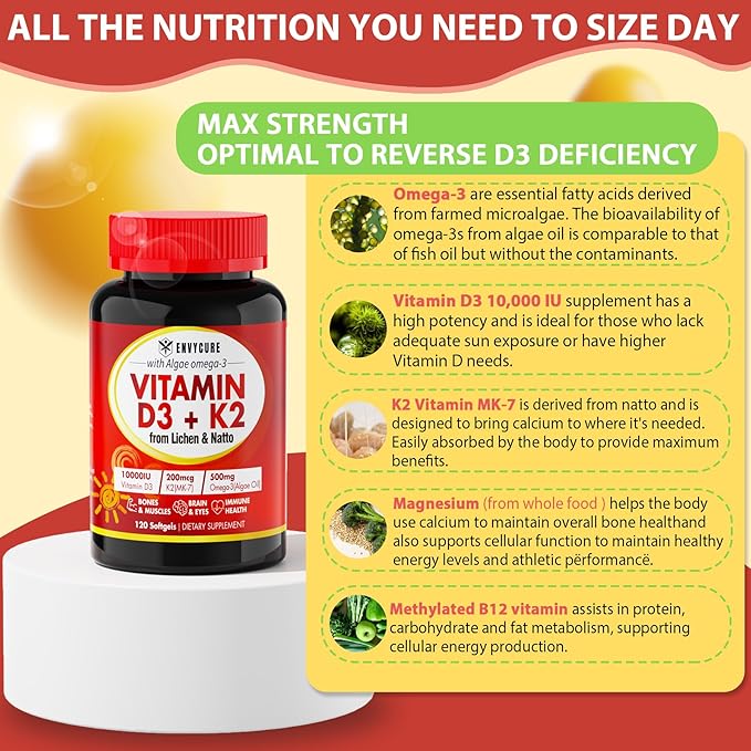 Vitamin D3 10000 iu Supplement Plus K2 (MK-7) 200 mcg, Omega 3, Methyl B12, Magnesium, Plant Based Vitamin D3 K2 Softgels for Bone, Muscle & Immune, Higher Absorption, Easy to Swallow, 2 Pack