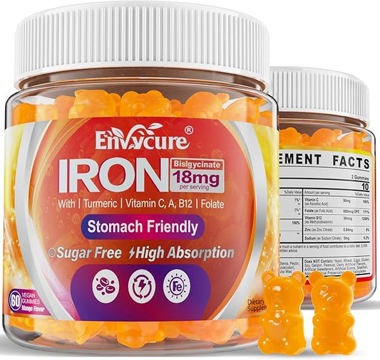 Sugar Free Iron Gummies 18mg for Women Men, Iron Bisglycinate Supplement Gummies with Vitamin C, Turmeric & Folate - Blood Builder for Anemia & Energy Deficiency - 2 Pack