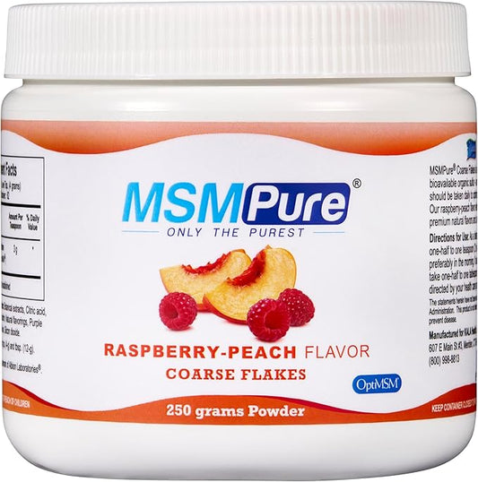 KALA HEALTH MSMPure Raspberry Peach Flavored Coarse MSM Powder Flakes – Organic Sulfur for Joint Flexibility, Skin Appearance, and Hair & Nail Support - 8.8 oz, USA Made, Distilled Crystals