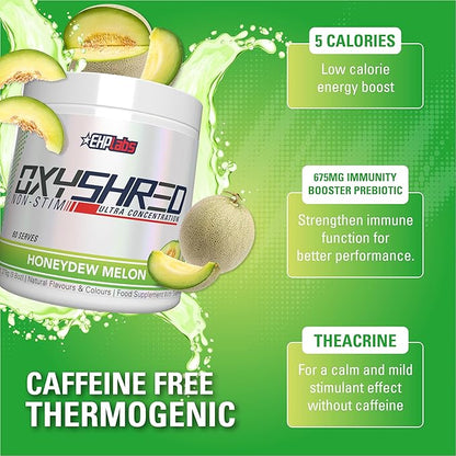 EHP Labs OxyShred Non Stimulant Pre Workout Powder - Stim Free Pre Workout, Caffeine Free Preworkout for Men & Women with L Glutamine & Acetyl L Carnitine - Honeydew Melon, 60 Servings