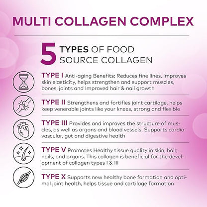 5 Type Multi Collagen Complex - Pure Hydrolyzed Collagen Protein Peptides Types I-II-III-V-X Anti-Aging Collagen Supplements for Skin, Hair Growth, Nails, Joints, for Women and Men - 180 Capsules