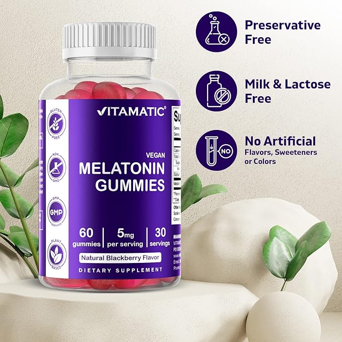 Vitamatic Melatonin Gummies for Kids & Adults - (2.5 mg 5 mg & 10 mg Doses) - 60 Vegan Gummies