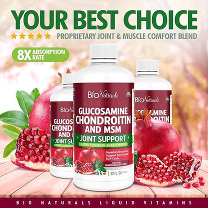 Bio Naturals Liquid Glucosamine Chondroitin MSM Pharmaceutical Grade Supplement with Hyaluronic Acid – Maximum Strength Joint Support - 32 fl oz