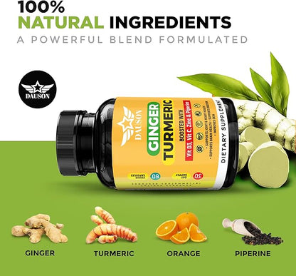 Ginger Turmeric Supplements – Boosted with Piperine, Vitamin D3, Vitamin C, Zinc & Orange | Joint, Gut & Skin Health Support