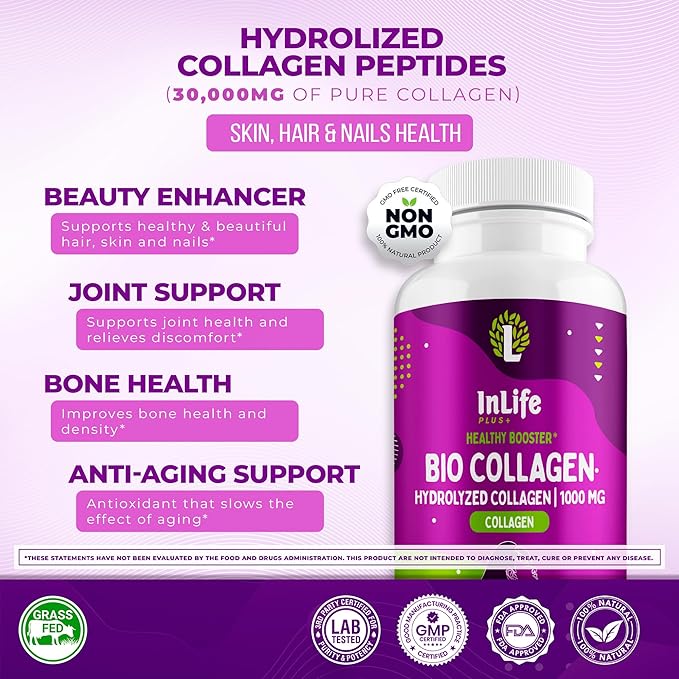 Hydrolyzed Collagen Peptides (60 Count), 1,000mg Per Serving, Beauty Joint and Anti Aging Support for Hair Skin Nails Bones and Joints, Collagen for Women and Men (30-Day Supply) (1)