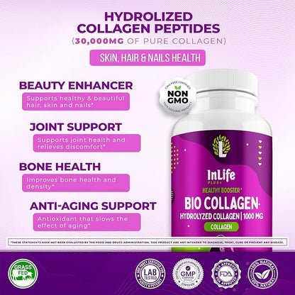 Hydrolyzed Collagen Peptides (60 Count), 1,000mg Per Serving, Beauty Joint and Anti Aging Support for Hair Skin Nails Bones and Joints, Collagen for Women and Men (30-Day Supply) (1)