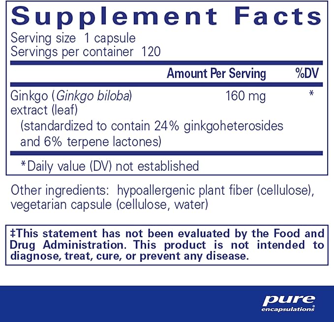 Pure Encapsulations Ginkgo 50 160 mg | Ginkgo Biloba Supplement to Support Oxygen, Blood Circulation, and Mild Memory Problems Associated with Aging* | 120 Capsules