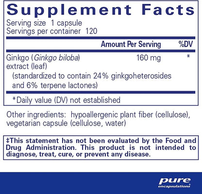 Pure Encapsulations Ginkgo 50 160 mg | Ginkgo Biloba Supplement to Support Oxygen, Blood Circulation, and Mild Memory Problems Associated with Aging* | 120 Capsules