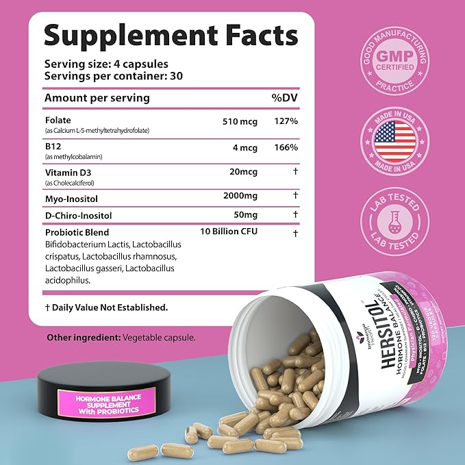 Hormone Balance for Women, PCOS, Ovarian Support, Fertility, Menstrual Cycle | Myo-Inositol & D-Chiro Inositol Supplement 40:1 Ratio With Folic Acid, B12 & Probiotics | Female Vitamins 120 Capsules