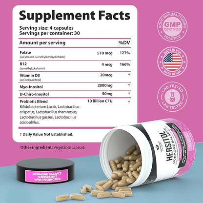 Hormone Balance for Women, PCOS, Ovarian Support, Fertility, Menstrual Cycle | Myo-Inositol & D-Chiro Inositol Supplement 40:1 Ratio With Folic Acid, B12 & Probiotics | Female Vitamins 120 Capsules