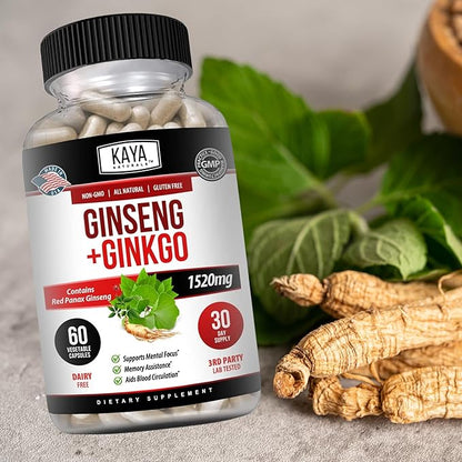 Kaya Naturals Red Panax Ginseng + Ginkgo Biloba - Nootropic Brain Supplement - Cognitive and Concentration Support - Brain Booster, Focus, and Memory Supplement - 60 Capsules