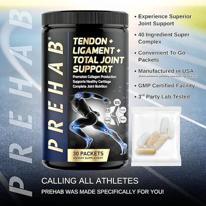 PREHAB Tendon + Ligament + Total Joint Support | Joint Supplement for Athletes | 40 Ingredient Super Complex | Glucosamine Chondroitin MSM Turmeric Boswellia | Premium Tendon Ligament Joint Supplement