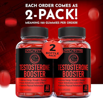 Atlantis Nutrition Testosterone Booster Gummies For Men - Enhances Strength & Stamina - Optimizes Performance & Male Enhancement - Made With Tribulus, Horny Goat Weed, Maca Root | 2-Pack (120 Gummies)