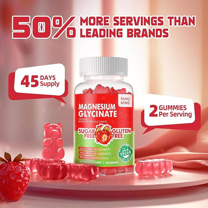 180 CT Magnesium Glycinate Gummies - Sugar Free Magnesium Potassium Supplement with Vitamin D, B6, CoQ10 for Calm Md Support - 180 Strawberry Gummies.