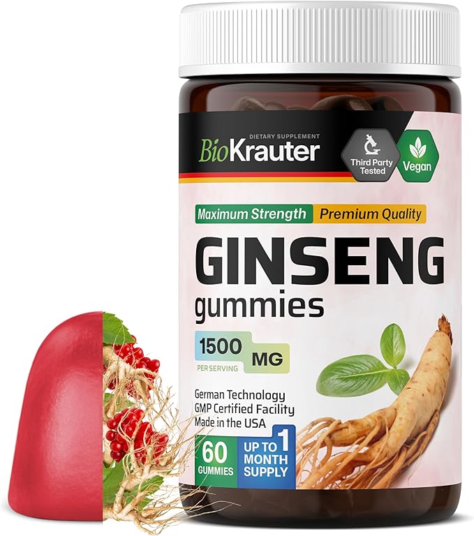 BIO KRAUTER Panax Ginseng Gummies - 1500 mg Strength - 60 Count - Chewable Red Ginseng Supplement - Immune Support Gummies - Vegan, Pectin-Based, Non-GMO