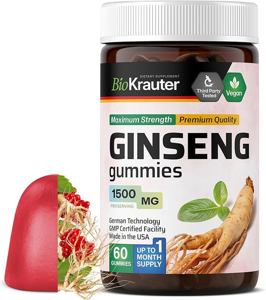 BIO KRAUTER Panax Ginseng Gummies - 1500 mg Strength - 60 Count - Chewable Red Ginseng Supplement - Immune Support Gummies - Vegan, Pectin-Based, Non-GMO