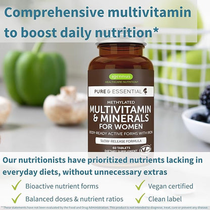 Igennus Methylated Women's Multivitamin, 21 Highly Bioavailable Nutrients, Clean Label & Sustained Release, Active B-Vitamins and Gentle Iron, Easy-to-Swallow, 60 Vegan Tablets, 30 Servings