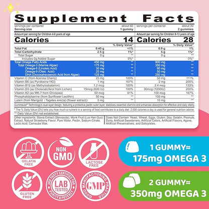 Omega 3 Gummies for Kids 4+, with DHA, Vitamin D3 K2, C, B6 B12, Luetin & Omega 3 6 9, No Fish Taste, Sugar Free Kids Vitamins Gummies, for Brain Bone Eyes Focus Immunity, Fish Oil Alternative, 120Cts