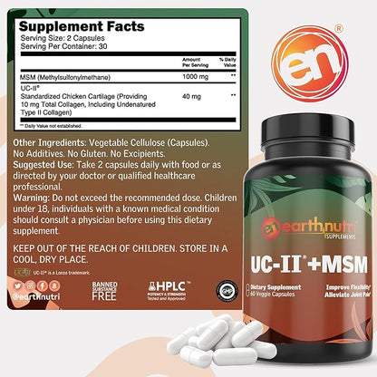 UC-II & MSM Supplement for Bone Health and Joint Flexibility - Supports Joint Repair Mobility & Comfort - 40mg UC-II Providing 10mg Total Collagen & 1000mg MSM - 60 Capsules (2 Caps Daily)