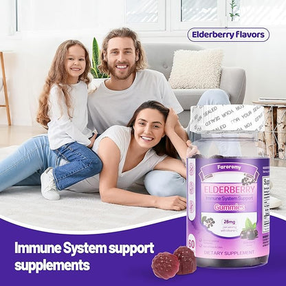 Elderberry Gummies Sambucus with Vitamin C Immune Support Supplement for Women and Men,Elderberry Flavor Gummy,30 Day Supply - 60 Count