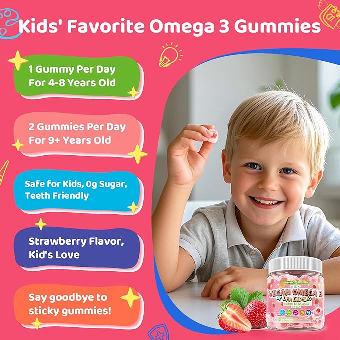Omega 3 Gummies for Kids 4+, with DHA, Vitamin D3 K2, C, B6, B12, Luetin & Omega 3 6 9, No Fish Taste, Sugar Free Kids Vitamins Gummies, for Brain Bone Eyes Focus Immunity, Fish Oil Alternative, 60Cts