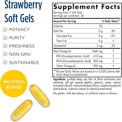 Nordic Naturals ProDHA 1000, Strawberry - 60 Soft Gels - 1660 mg Omega-3 - High-Intensity DHA Formula for Neurological Health, Mood & Memory - Non-GMO - 30 Servings